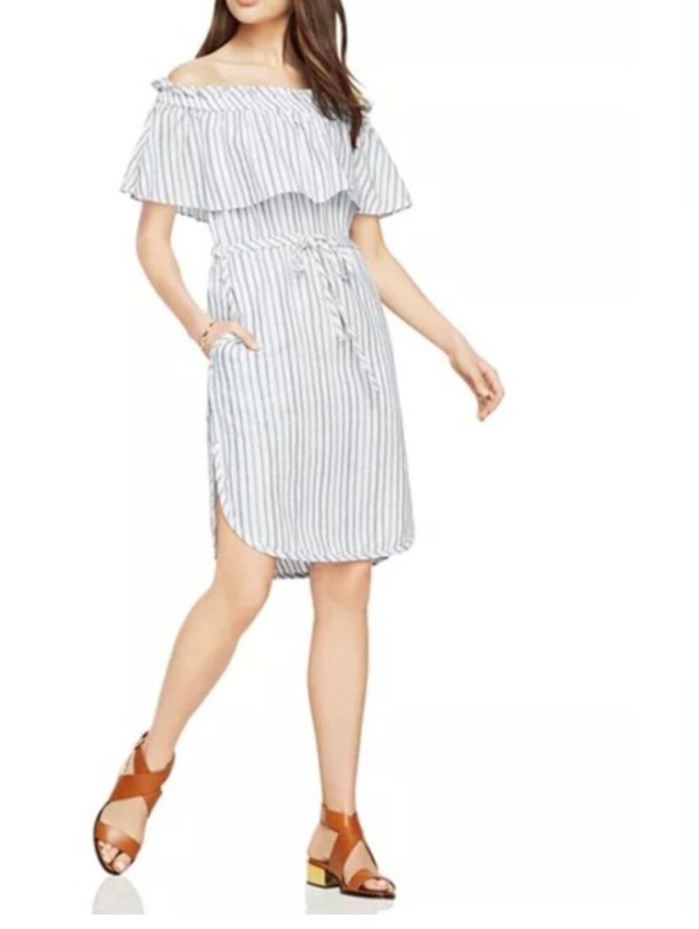 BCBGMaxAzria Off The Shoulders White Dress with Blue and Navy Stripes